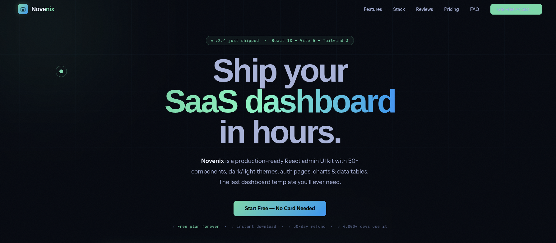 Novenix React admin dashboard UI kit with dark and light themes